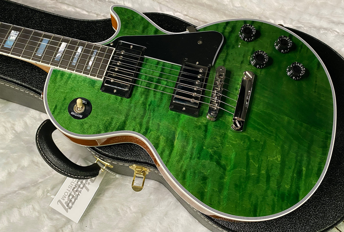 NEW! Gibson Dealer Select Custom Shop Les Paul Custom AAA Figured Flame Top - Transparent Green / Natural Back - Authorized Dealer - WOW! Only 8.7 lbs - G07689