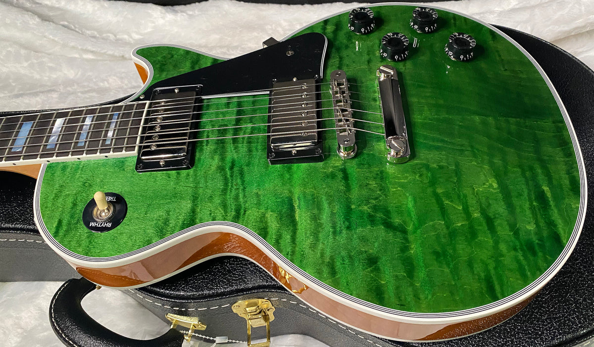 NEW! Gibson Dealer Select Custom Shop Les Paul Custom AAA Figured Flame Top - Transparent Green / Natural Back - Authorized Dealer - WOW! Only 8.7 lbs - G07689
