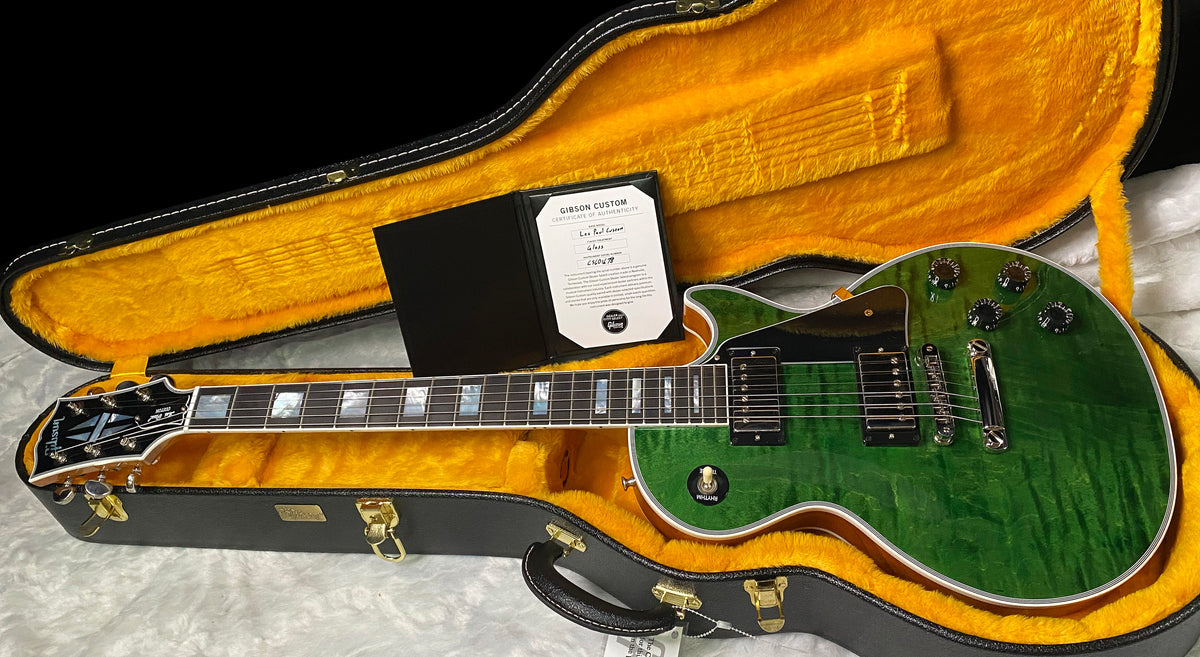 NEW! Gibson Dealer Select Custom Shop Les Paul Custom AAA Figured Flame Top - Transparent Green / Natural Back - Authorized Dealer - WOW! Only 8.7 lbs - G07689