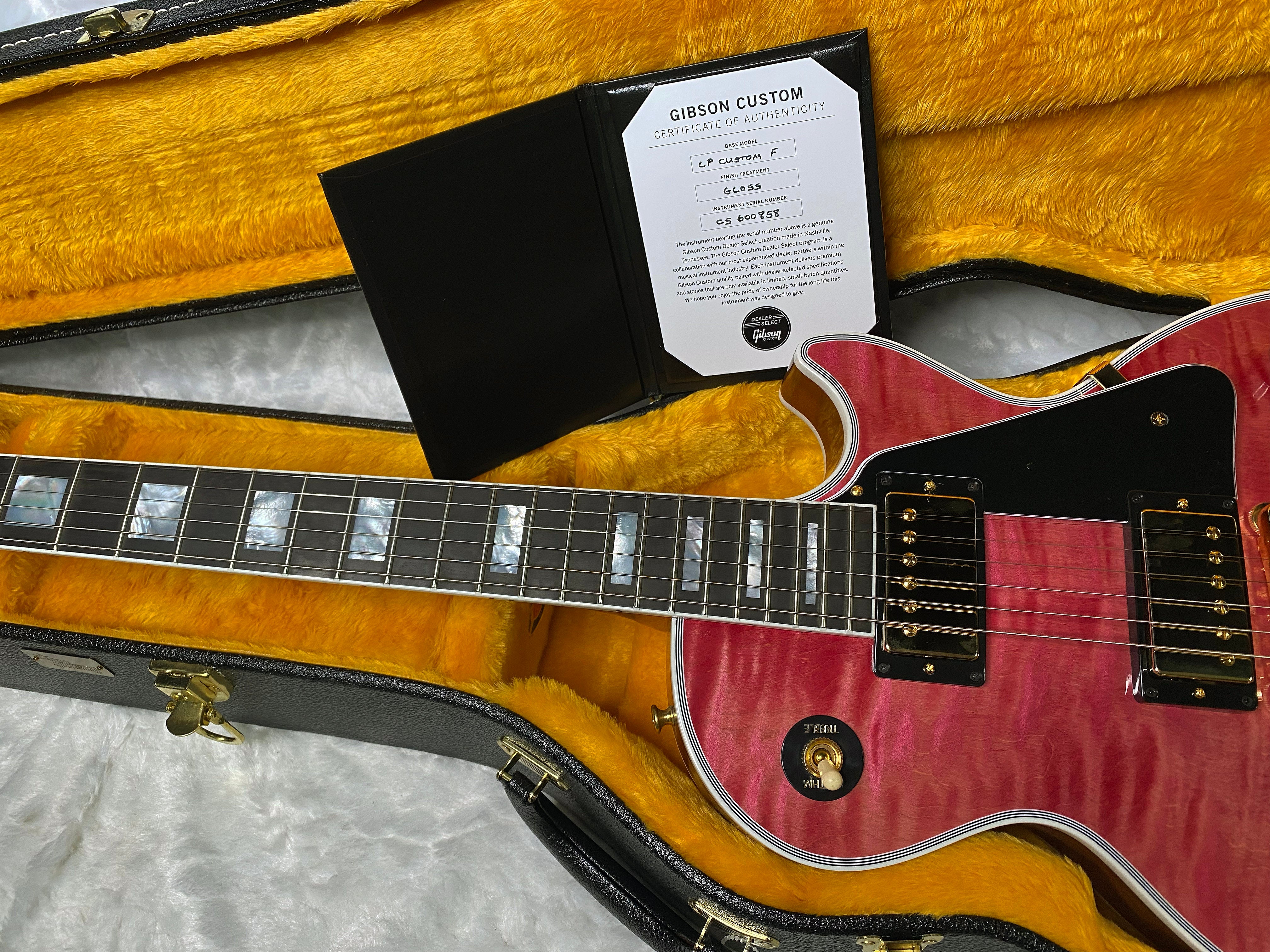 NEW! Gibson Dealer Select Custom Shop Les Paul Custom AAA Figured Top - Transparent Pink - Authorized Dealer - WOW! 8.65 lbs - G06982