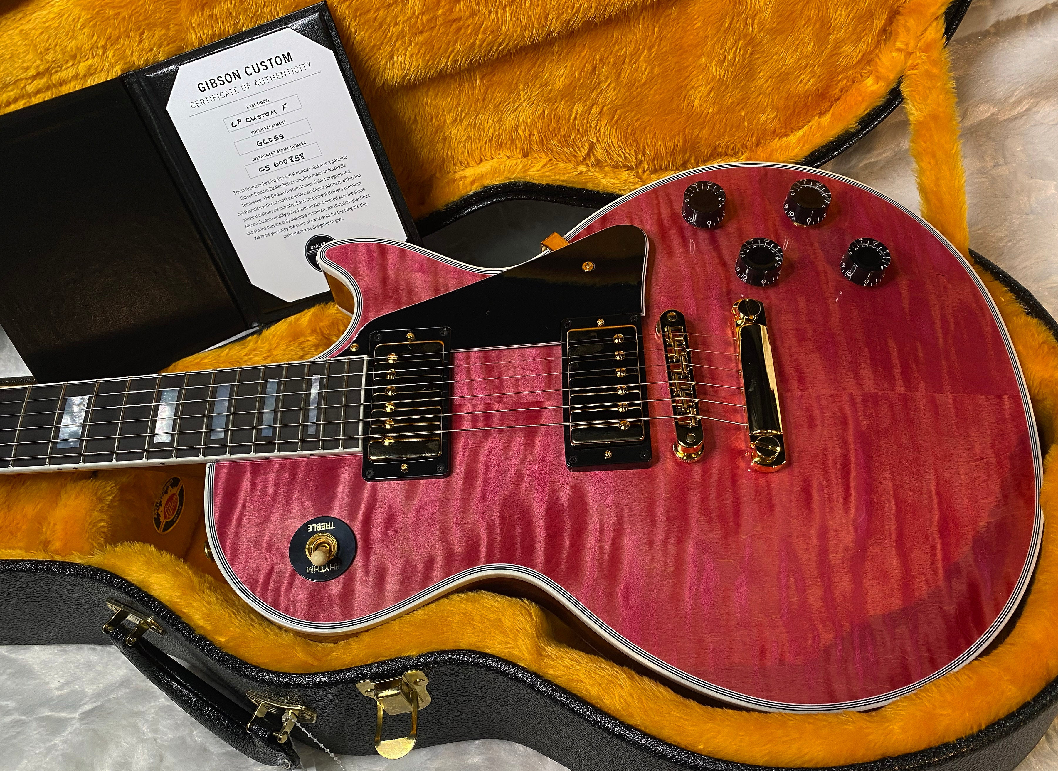 NEW! Gibson Dealer Select Custom Shop Les Paul Custom AAA Figured Top - Transparent Pink - Authorized Dealer - WOW! 8.65 lbs - G06982