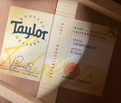 NEW! Taylor 312ce V-Class Grand Concert Acoustic-Electric Guitar - Natural - 4.5lbs - Authorized Dealer - G06277