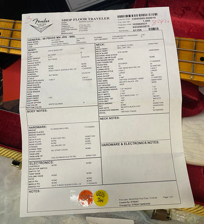 NEW! Fender Custom Shop 1958 Precision Bass Ash Body Journeyman Relic - White Blonde - Authorized Dealer - 8.8lbs - G07723