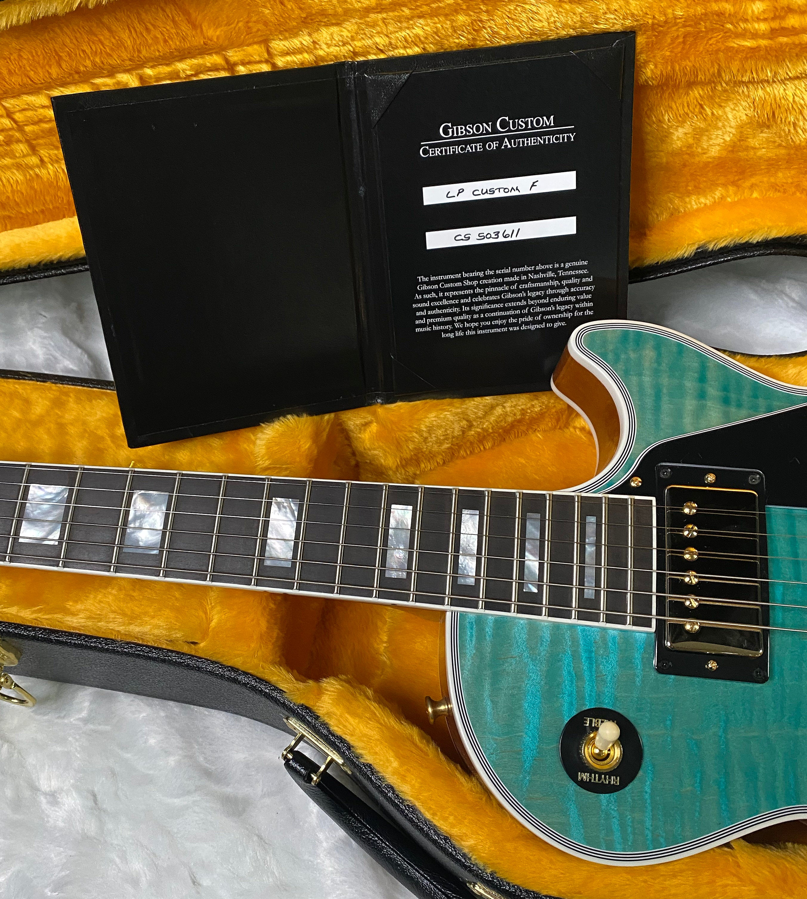 NEW! Gibson Dealer Select Custom Shop Les Paul Custom AAA Quilt Top - Aqua Blue - Authorized Dealer - WOW! 8 lbs - G06348