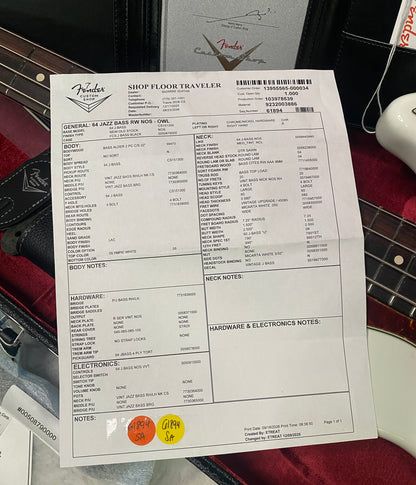 NEW! Fender Custom Shop 64 Jazz Bass NOS - Olympic White - 9.7 lbs - Authorized Dealer - G07794