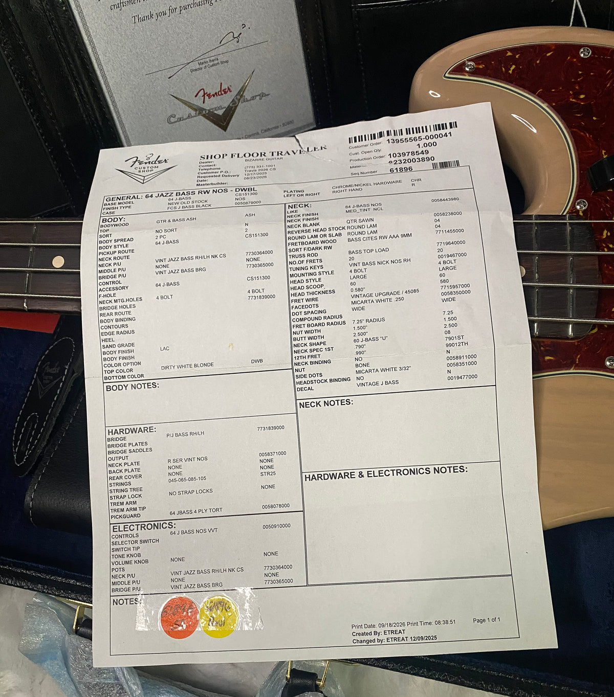 NEW! Fender Custom Shop 64 Jazz Bass NOS - Dirty White Blonde - Ash Body - 9.2 lbs - Authorized Dealer - G07792