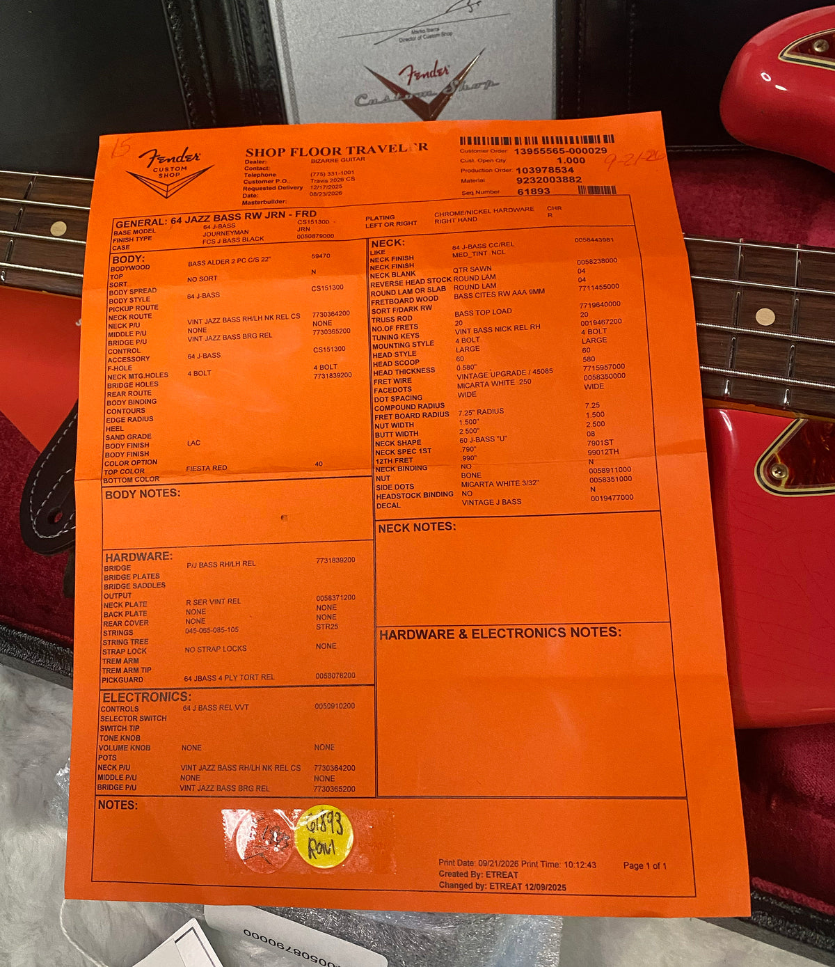 NEW! Fender Custom Shop 64 Jazz Bass Journeyman Relic - Fiesta Red - 9.4 lbs - Authorized Dealer - G07793