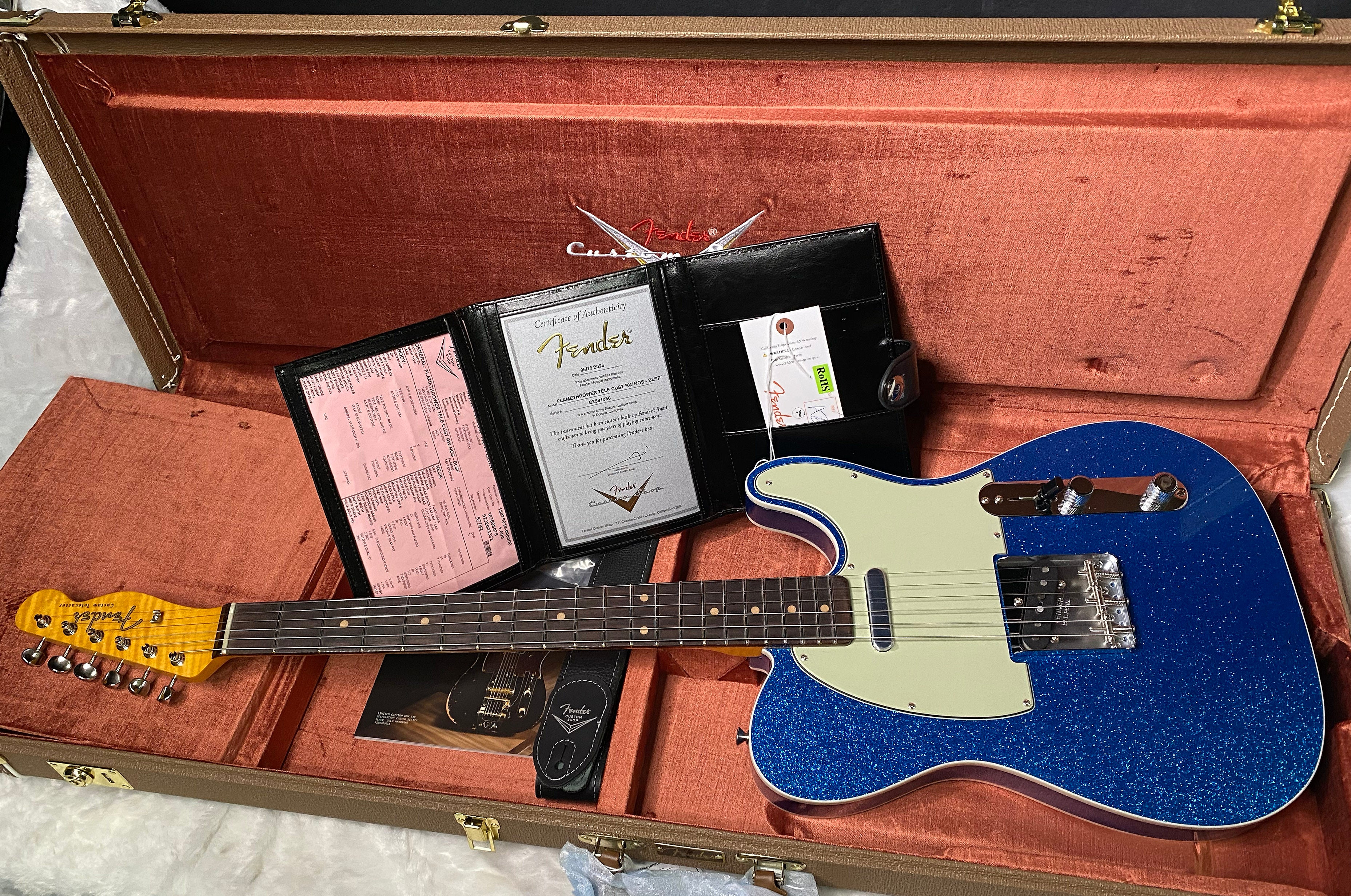 NEW! Fender Custom Shop Flamethrower Telecaster Custom - NOS - Modern Specs - Texas Special Pick-Ups - AAAA Flamed Neck - Blue Sparkle - Authorized Dealer - 7.8 lbs - G07121