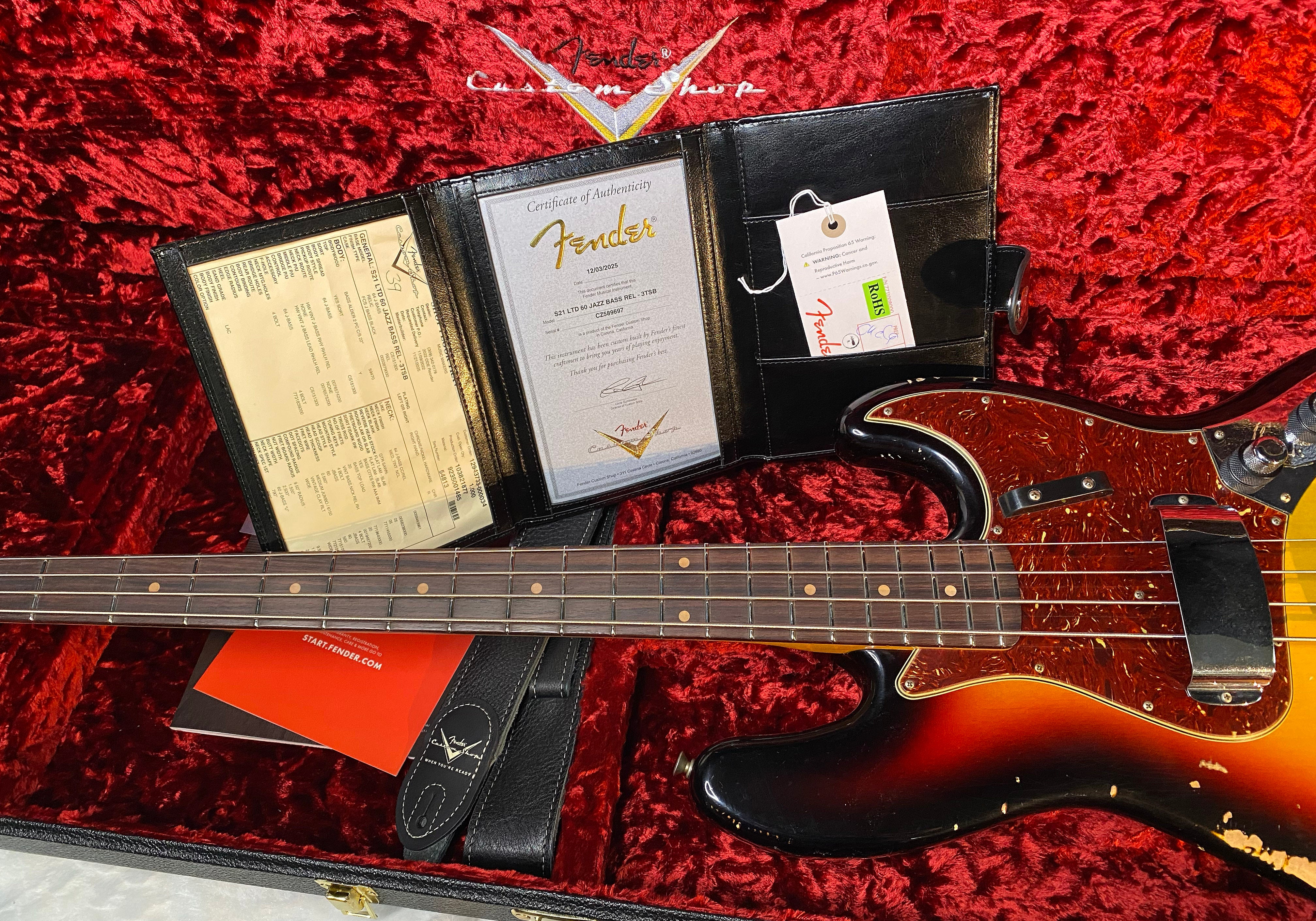 NEW ! 1960 Jazz Bass Heavy Relic Custom Shop Reissue - Sunburst - 9.4lbs - Handwound Pick-Ups - Authorized Dealer - G06486