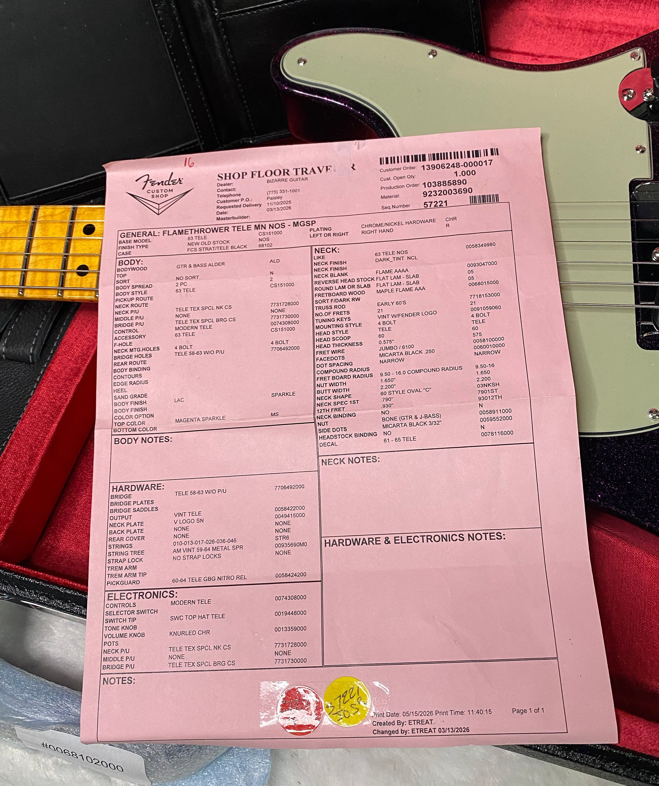 NEW! Fender Custom Shop Flamethrower Telecaster Custom - NOS - Modern Specs - Texas Special Pick-Ups - AAAA Flamed Neck - Magenta Sparkle - Authorized Dealer - 7.55lbs - G07167
