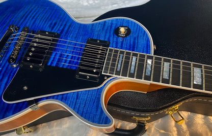 NEW! Gibson Dealer Select Custom Shop Les Paul Custom AAA Figured Flame Top - Transparent Blue / Natural Back - Authorized Dealer - WOW! 8.9 lbs - G06607