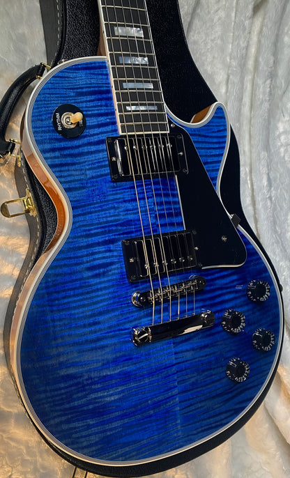 NEW! Gibson Dealer Select Custom Shop Les Paul Custom AAA Figured Flame Top - Transparent Blue / Natural Back - Authorized Dealer - WOW! 8.9 lbs - G06607