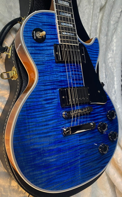 NEW! Gibson Dealer Select Custom Shop Les Paul Custom AAA Figured Flame Top - Transparent Blue / Natural Back - Authorized Dealer - WOW! 8.9 lbs - G06607