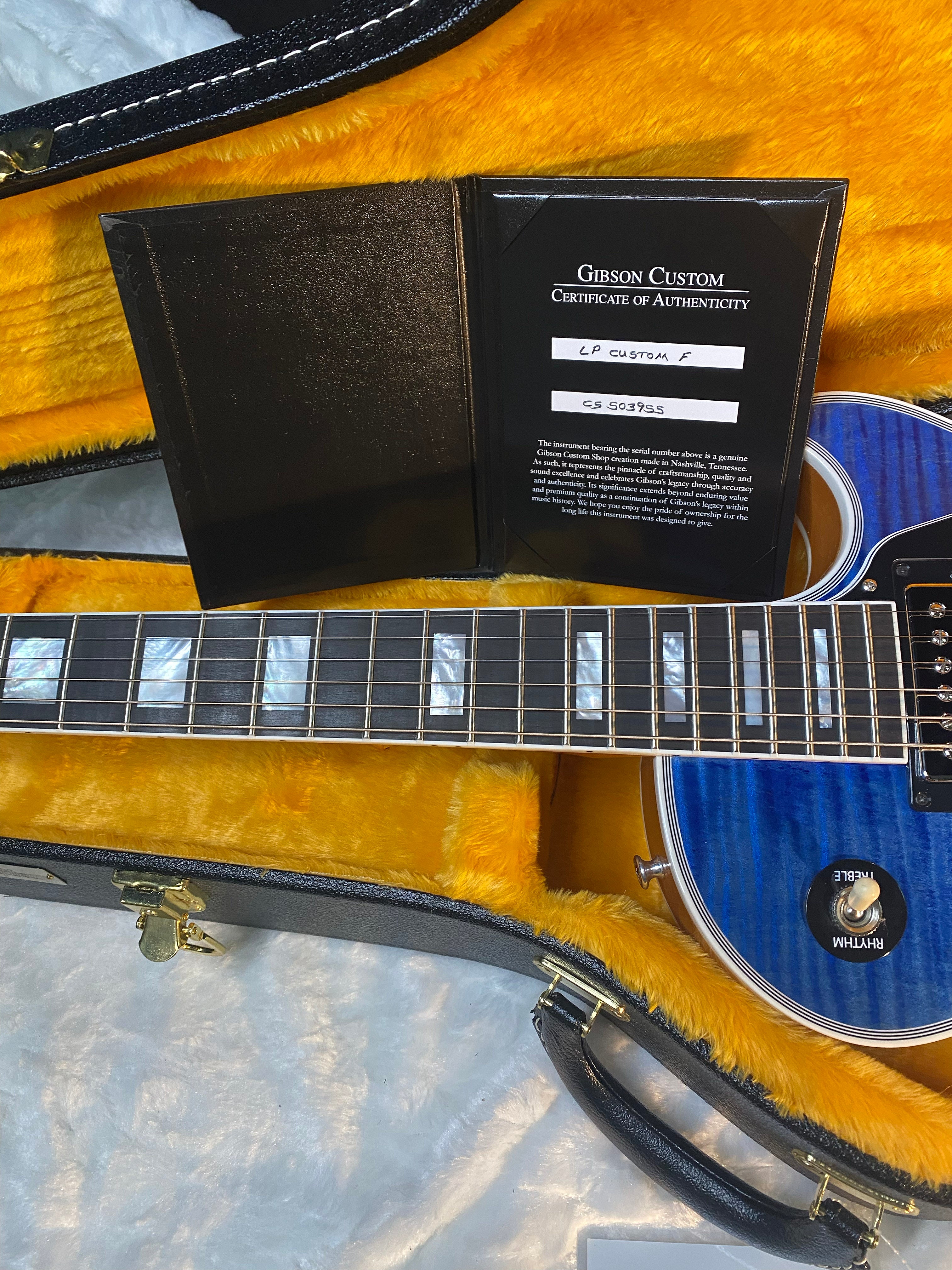 NEW! Gibson Dealer Select Custom Shop Les Paul Custom AAA Figured Flame Top - Transparent Blue / Natural Back - Authorized Dealer - WOW! 8.9 lbs - G06607