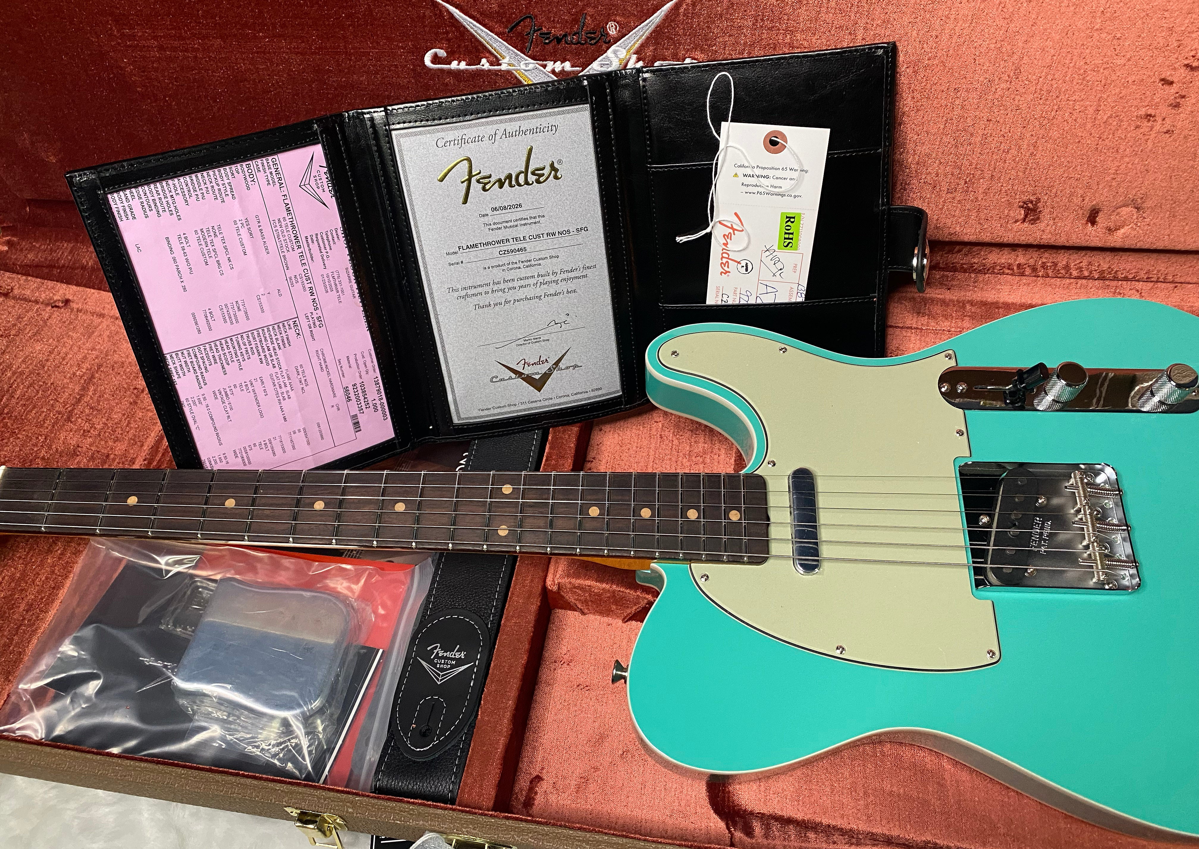 NEW! Fender Custom Shop Flamethrower Telecaster Custom - NOS - Modern Specs - Texas Special Pick-Ups - AAAA Flamed Neck -Seafoam Green - Authorized Dealer - 8lbs - G07232