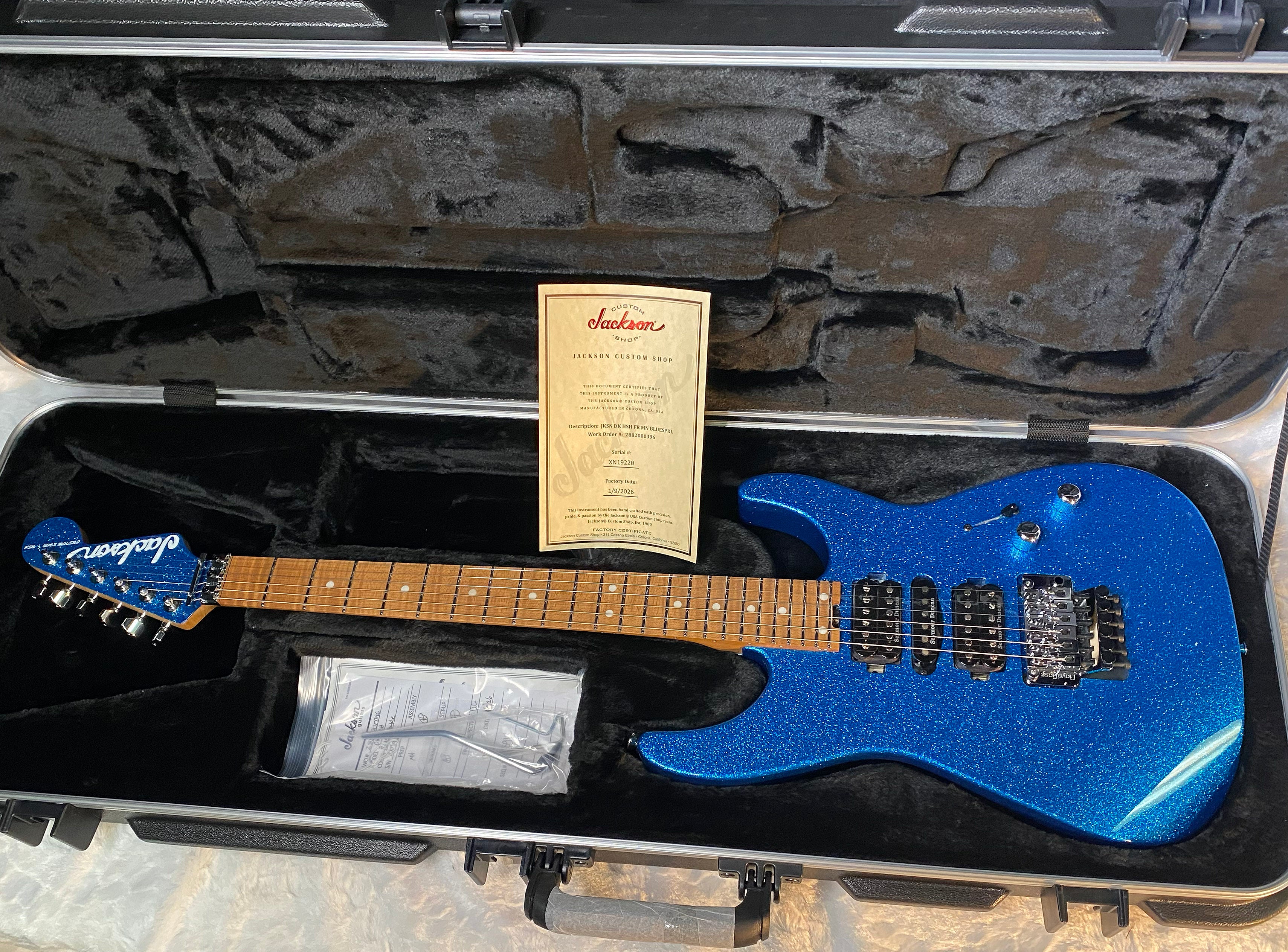 NEW ! Jackson Custom Shop Dinky HSH - Roasted Maple Neck & Fretboard - DK - Blue Sparkle - Authorized Dealer - 8.3 lbs - G06649