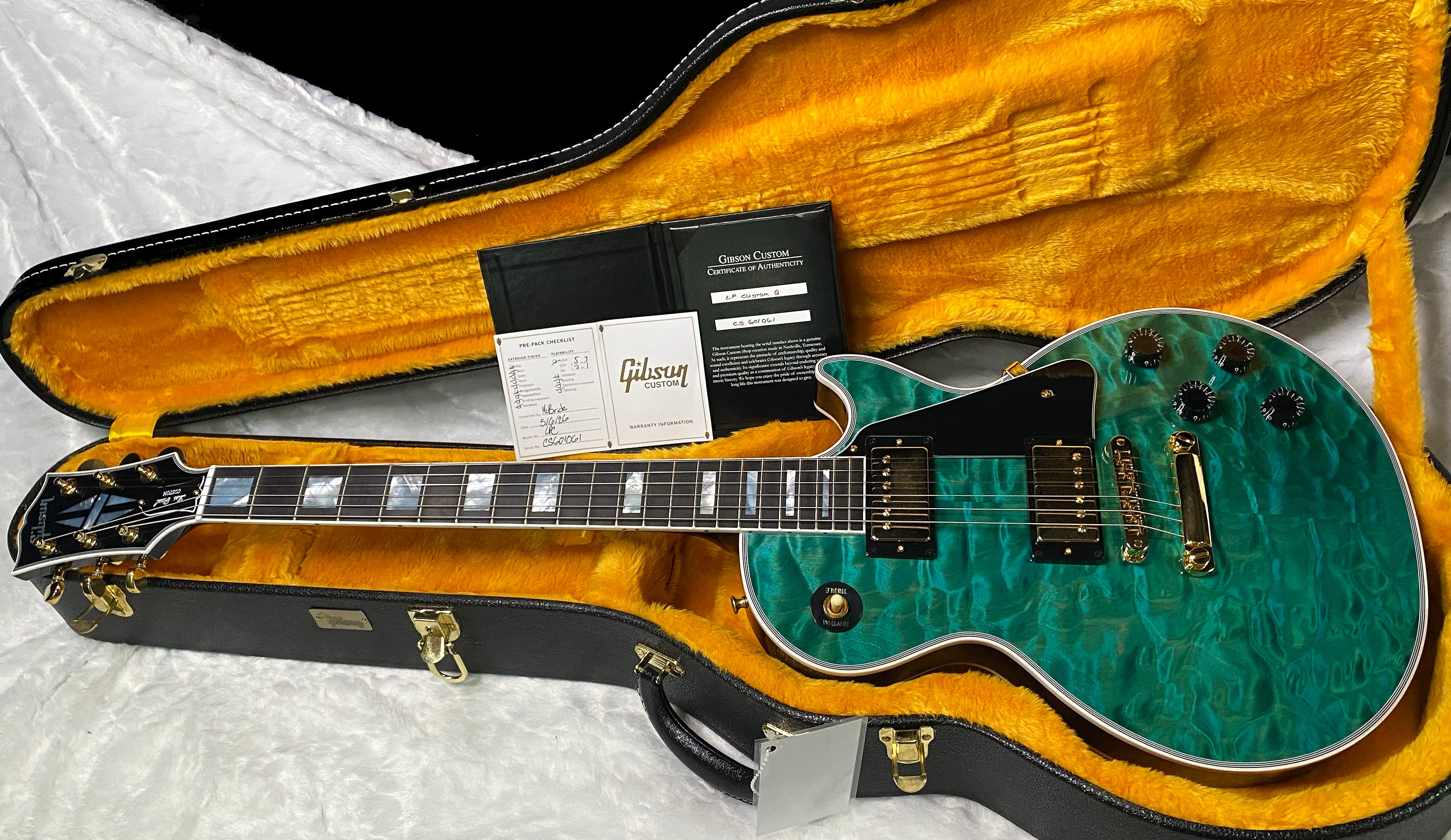 NEW! Gibson Dealer Select Custom Shop Les Paul Custom AAAAA Quilt 5AQ - Aqua Blue - Authorized Dealer - WOW! 9.6 lbs - G07305