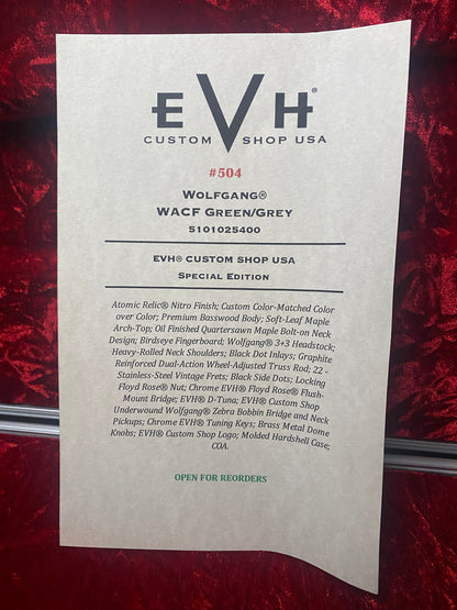 NEW! EVH Custom Shop USA Wolfgang WACF Limited Edition Relic - 2026 Dealer Event - Grey / Green - 7.6 lbs - ULTRA RARE! Authorized Dealer - G07363