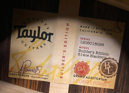 NEW! Taylor Next Generation Builder's Edition 814ce Adirondack Spruce/Rosewood Acoustic-Electric Guitar - Blacktop - 4.9lbs - Authorized Dealer - G07368