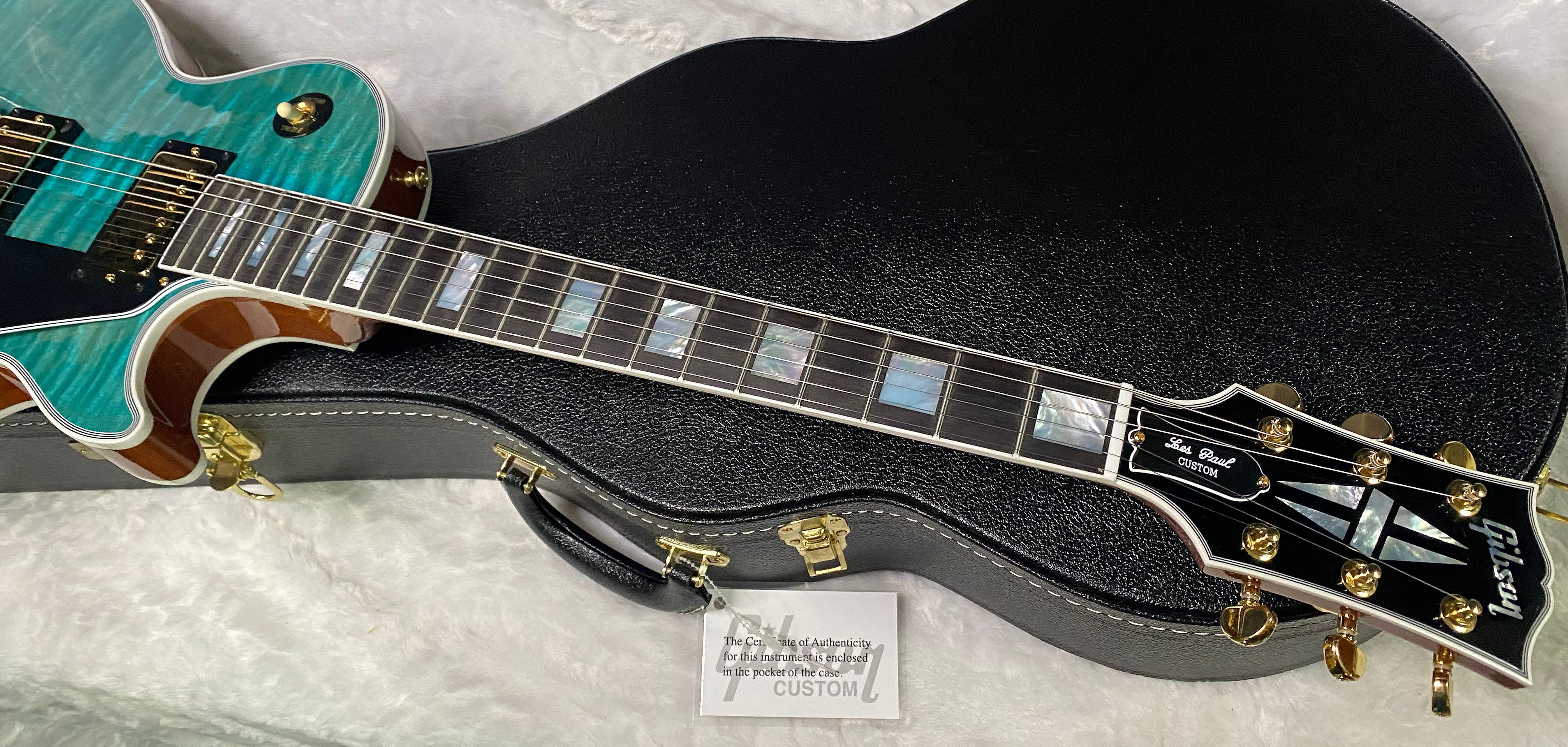 NEW! Gibson Dealer Select Custom Shop Les Paul Custom AAA Flame Top - Aqua Blue - Authorized Dealer - WOW! 8.2 lbs - G07380
