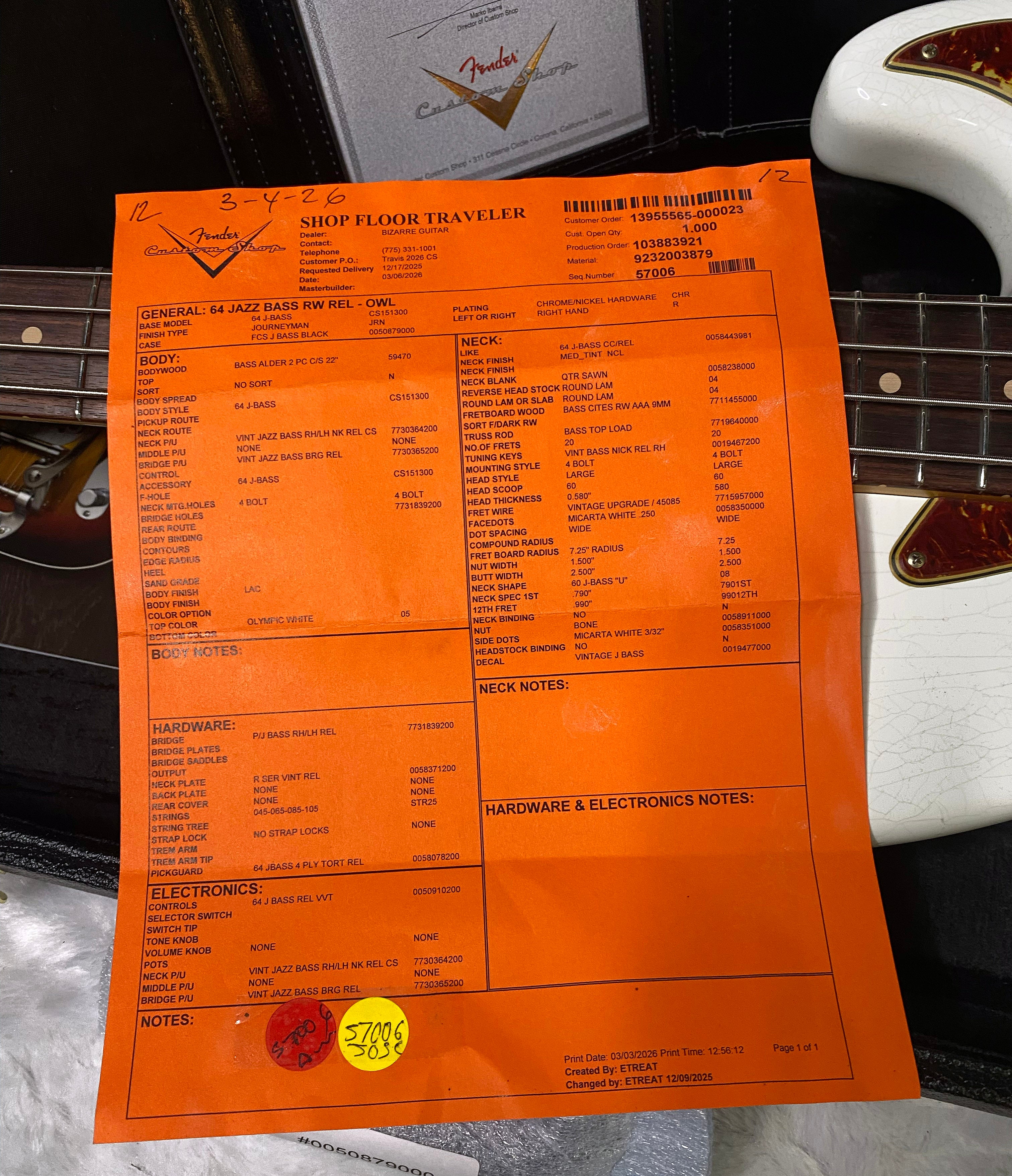 NEW! Fender Custom Shop 64 Jazz Bass Relic - Olympic White Finish - 9.7 lbs - Authorized Dealer - G06779