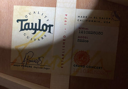 NEW! Taylor 322ce V-Class Grand Concert Acoustic-Electric Guitar - Tobacco - Authorized Dealer - 4.4lbs G06285