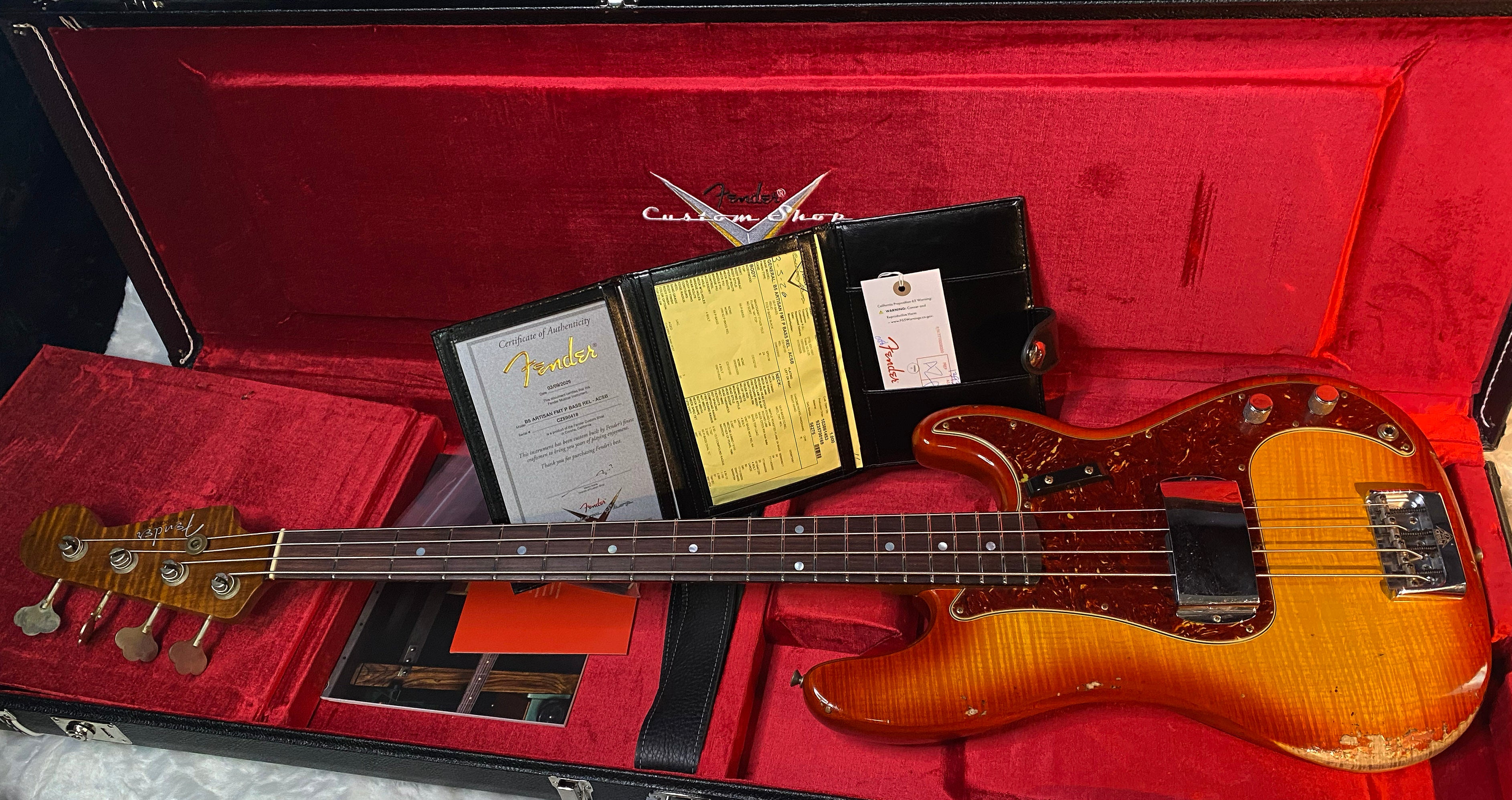 NEW! Fender Artisan Flame Maple Top Precision Bass Relic - Custom Shop - Aged Cherry Sunburst - Absolutely Beautiful - Flamed Roasted Maple Neck - Authorized Dealer - 9.3lbs - G06781