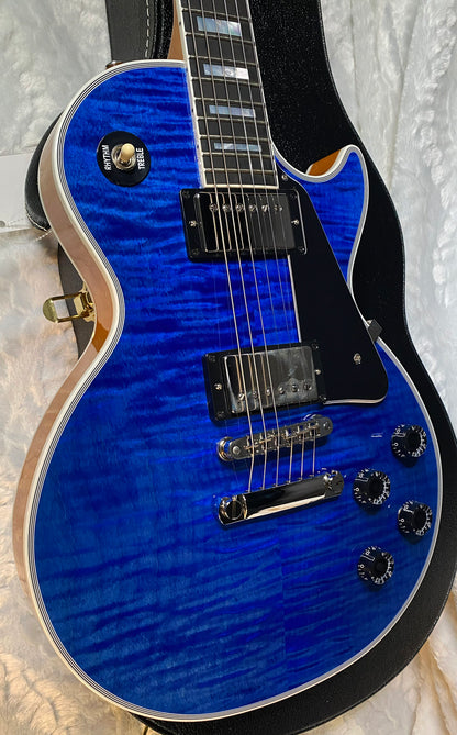 NEW! Gibson Dealer Select Custom Shop Les Paul Custom AAA Figured Flame Top - Transparent Blue / Natural Back - Authorized Dealer - WOW! 8.3 lbs - G05971