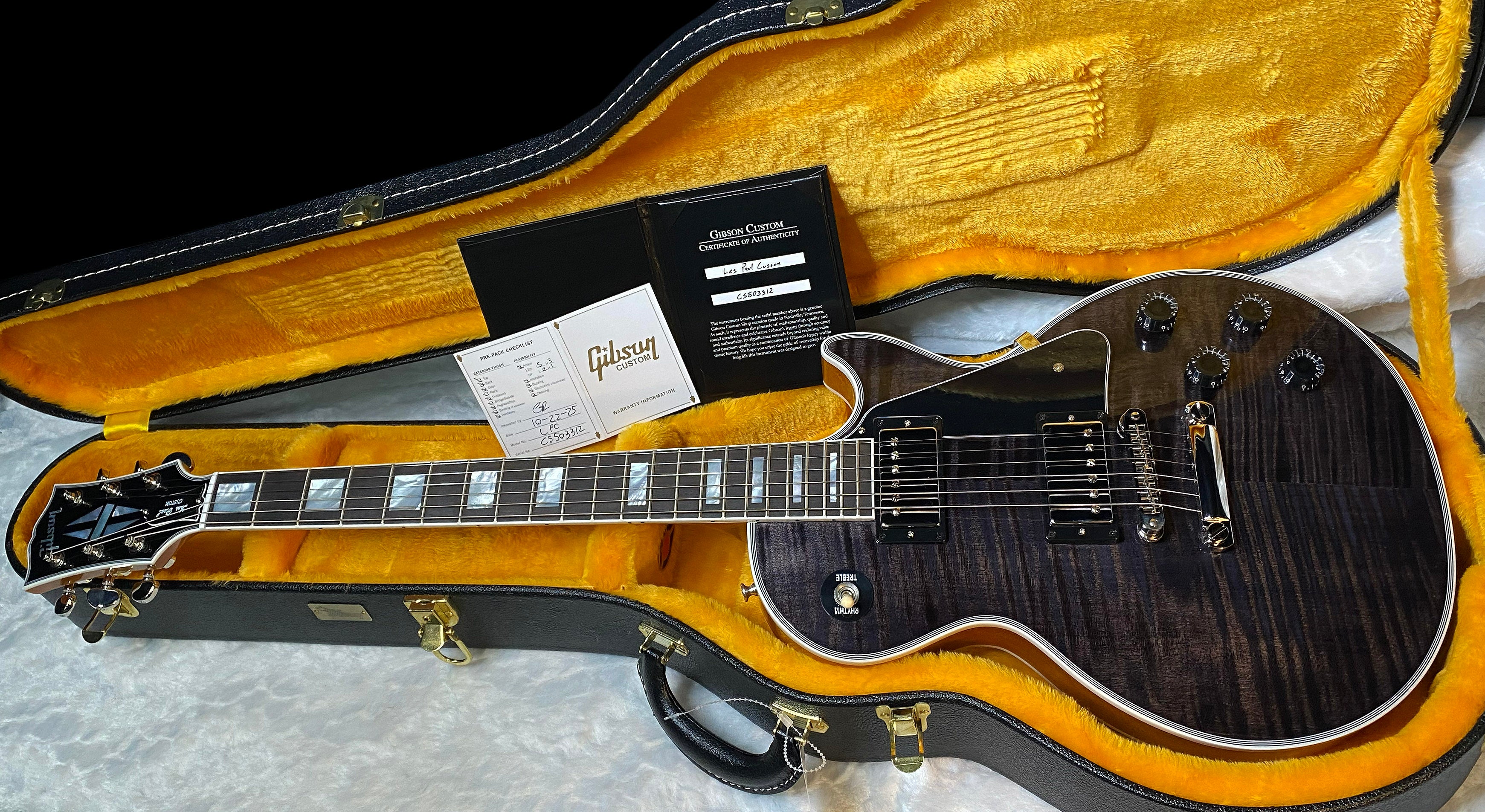 NEW! Gibson Dealer Select Custom Shop Les Paul Custom AAA Figured Flame Top - Transparent Black / Natural Back - Authorized Dealer - WOW! WOW! WOW! 8.9 lbs - G05989