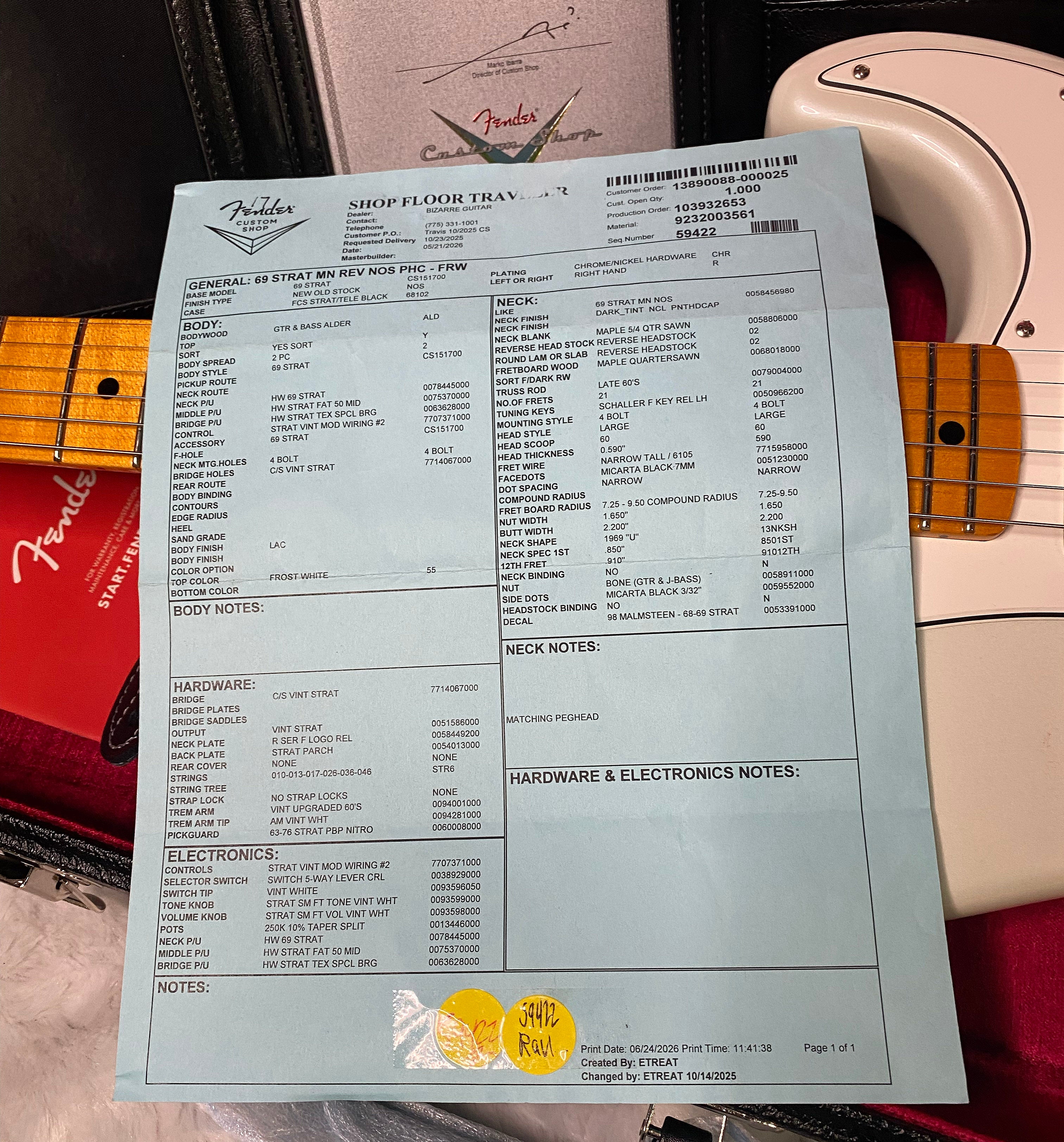 NEW! Fender Custom Shop Special Run '69 Stratocaster NOS Gloss Finish - Handwound P/U's - Frost White - Reverse Matching Headstock - 8.1 lbs - Authorized Dealer - RARE! G07463
