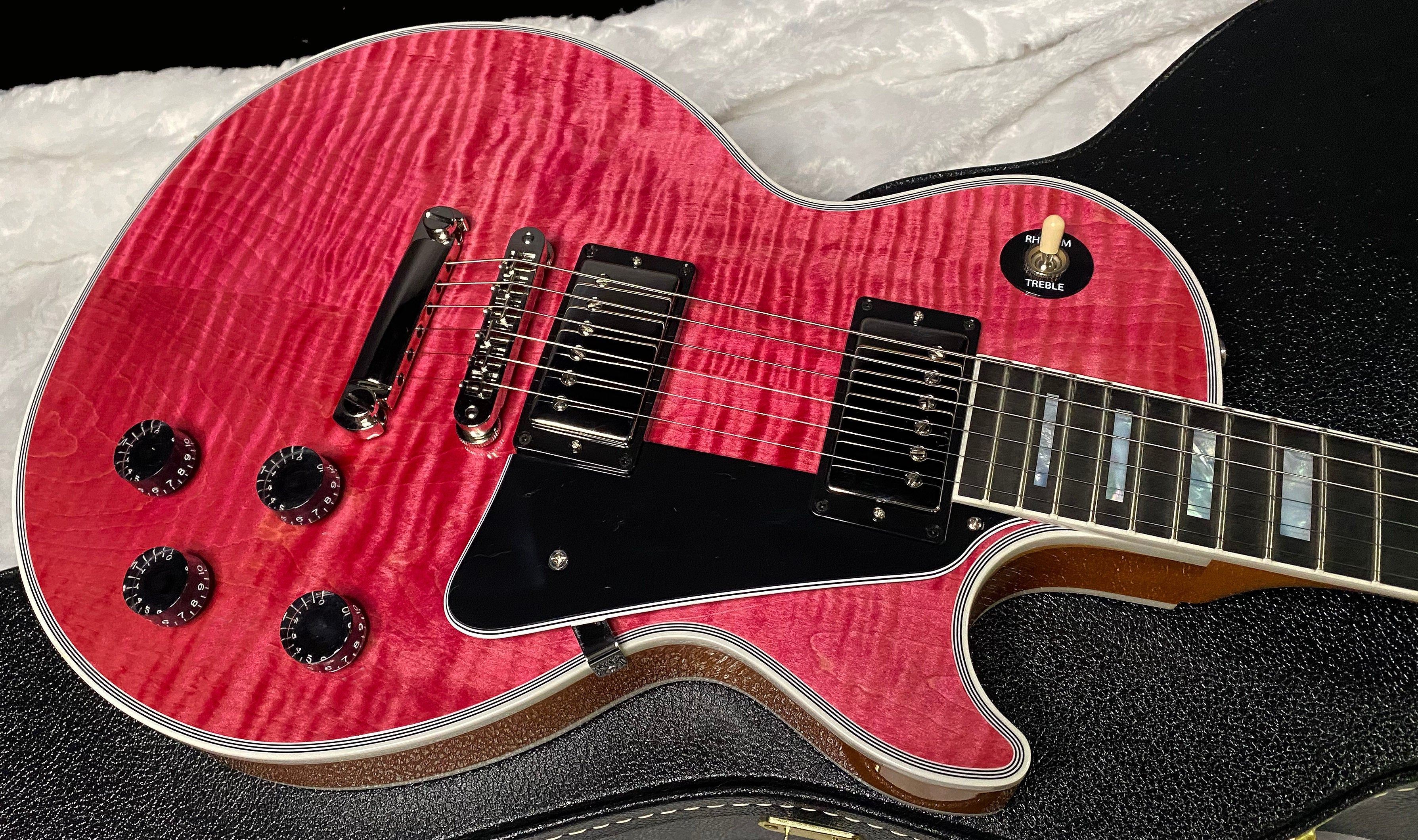 NEW! Gibson Dealer Select Custom Shop Les Paul Custom AAA Super Curly Figured Top - Transparent Pink - Authorized Dealer - WOW! 8.8 lbs - G07451