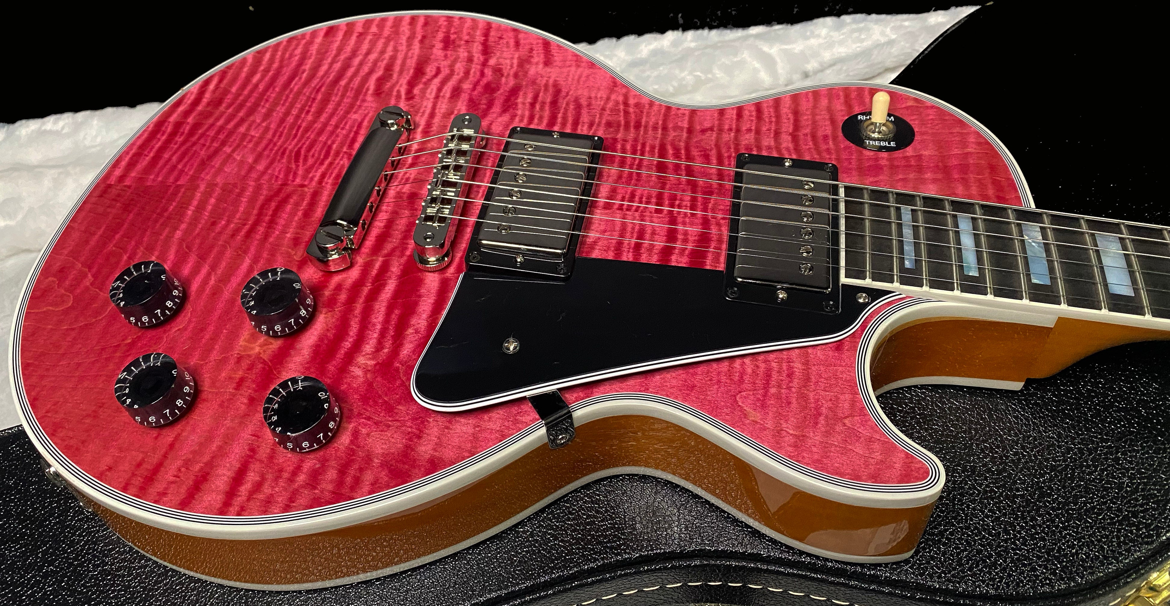 NEW! Gibson Dealer Select Custom Shop Les Paul Custom AAA Super Curly Figured Top - Transparent Pink - Authorized Dealer - WOW! 8.8 lbs - G07451