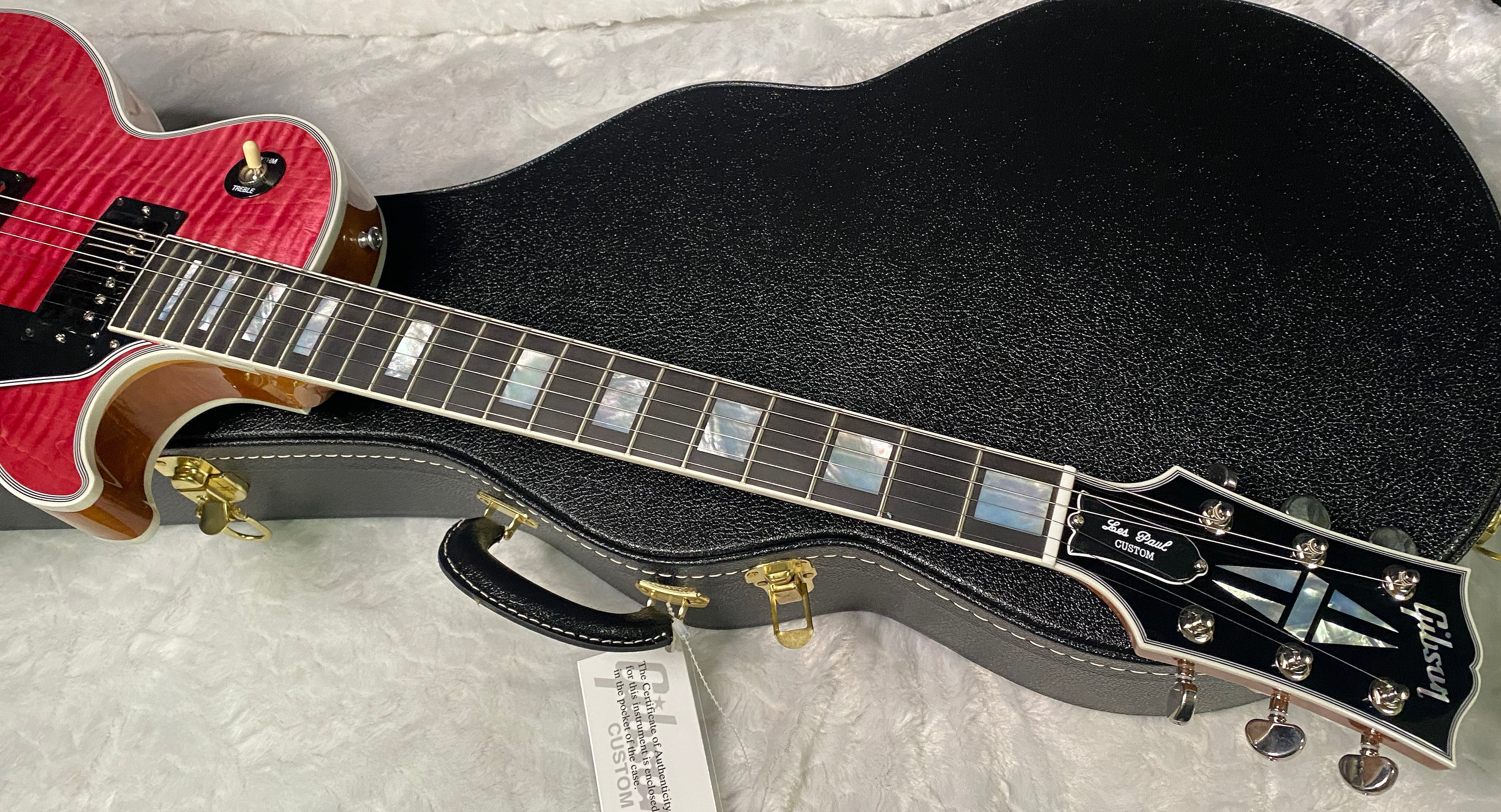 NEW! Gibson Dealer Select Custom Shop Les Paul Custom AAA Super Curly Figured Top - Transparent Pink - Authorized Dealer - WOW! 8.8 lbs - G07451
