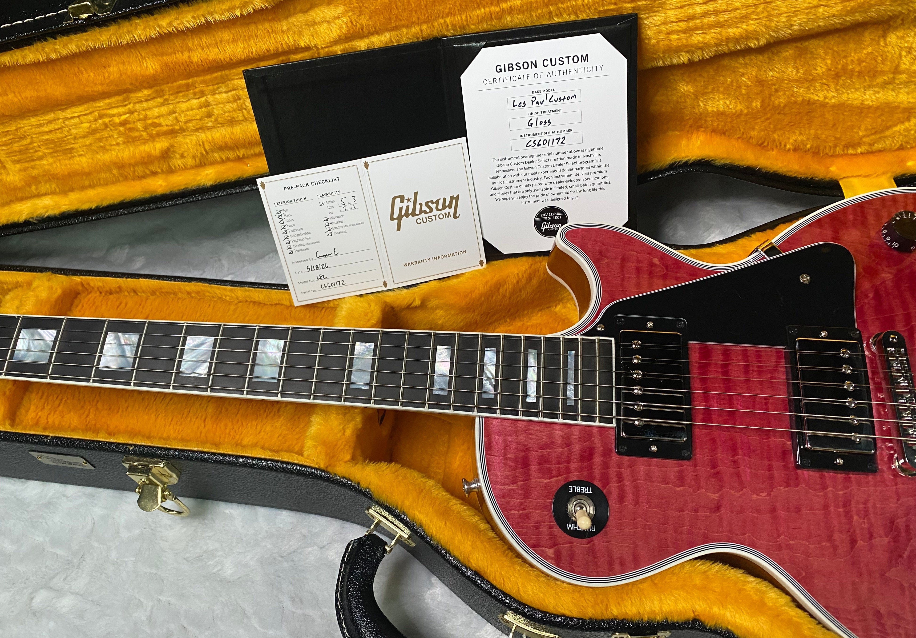 NEW! Gibson Dealer Select Custom Shop Les Paul Custom AAA Super Curly Figured Top - Transparent Pink - Authorized Dealer - WOW! 8.8 lbs - G07451
