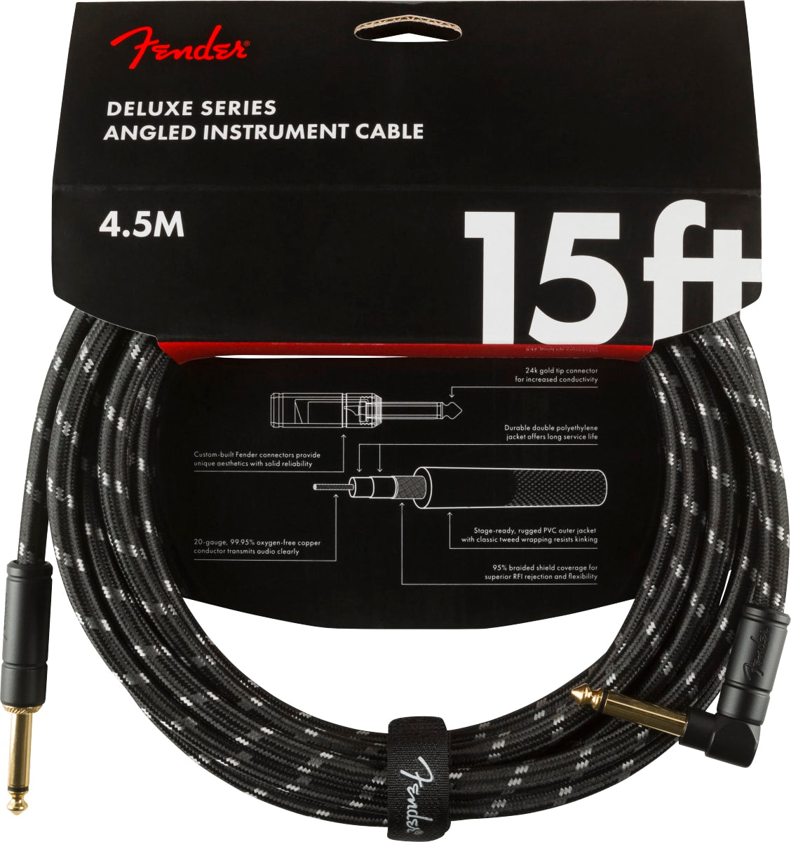 NEW ! Fender Deluxe Series Instrument Cable, Straight/Angle, 15' Black Tweed - Authorized Dealer - Lifetime Warranty