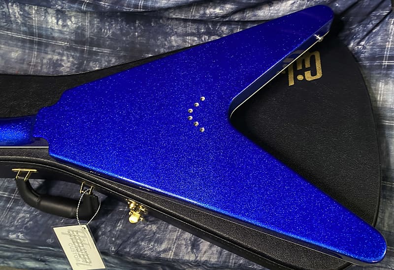 NEW! 2024 Gibson Custom Shop Flying V Custom Ebony Board - Dealer Select - Blue Sparkle - 7.8 lbs - Chrome Hardware - Authorized Dealer - Limited Edition! G03848