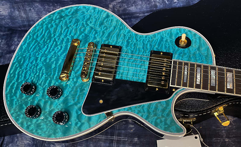 BRAND NEW! 2024 Gibson Dealer Select Custom Shop Les Paul Custom AAAAA Quilt - Aqua Blue - Authorized Dealer - WOW! Only 9.3 lbs - G03945