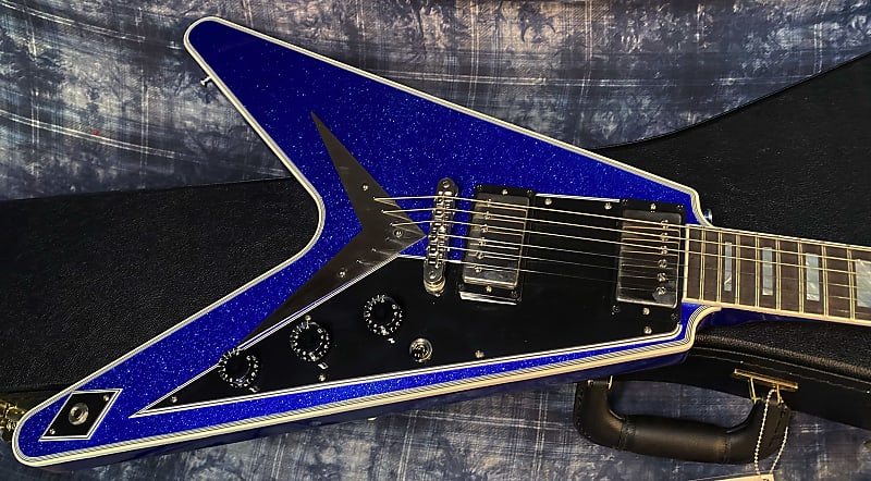 NEW! 2024 Gibson Custom Shop Flying V Custom Ebony Board - Dealer Select - Blue Sparkle - 7.8 lbs - Chrome Hardware - Authorized Dealer - Limited Edition! G03848