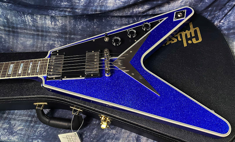 NEW! 2024 Gibson Custom Shop Flying V Custom Ebony Board - Dealer Select - Blue Sparkle - 7.8 lbs - Chrome Hardware - Authorized Dealer - Limited Edition! G03848