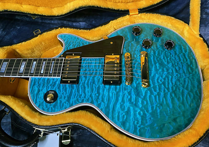 BRAND NEW! 2024 Gibson Dealer Select Custom Shop Les Paul Custom AAAAA Quilt - Aqua Blue - Authorized Dealer - WOW! Only 9.3 lbs - G03945