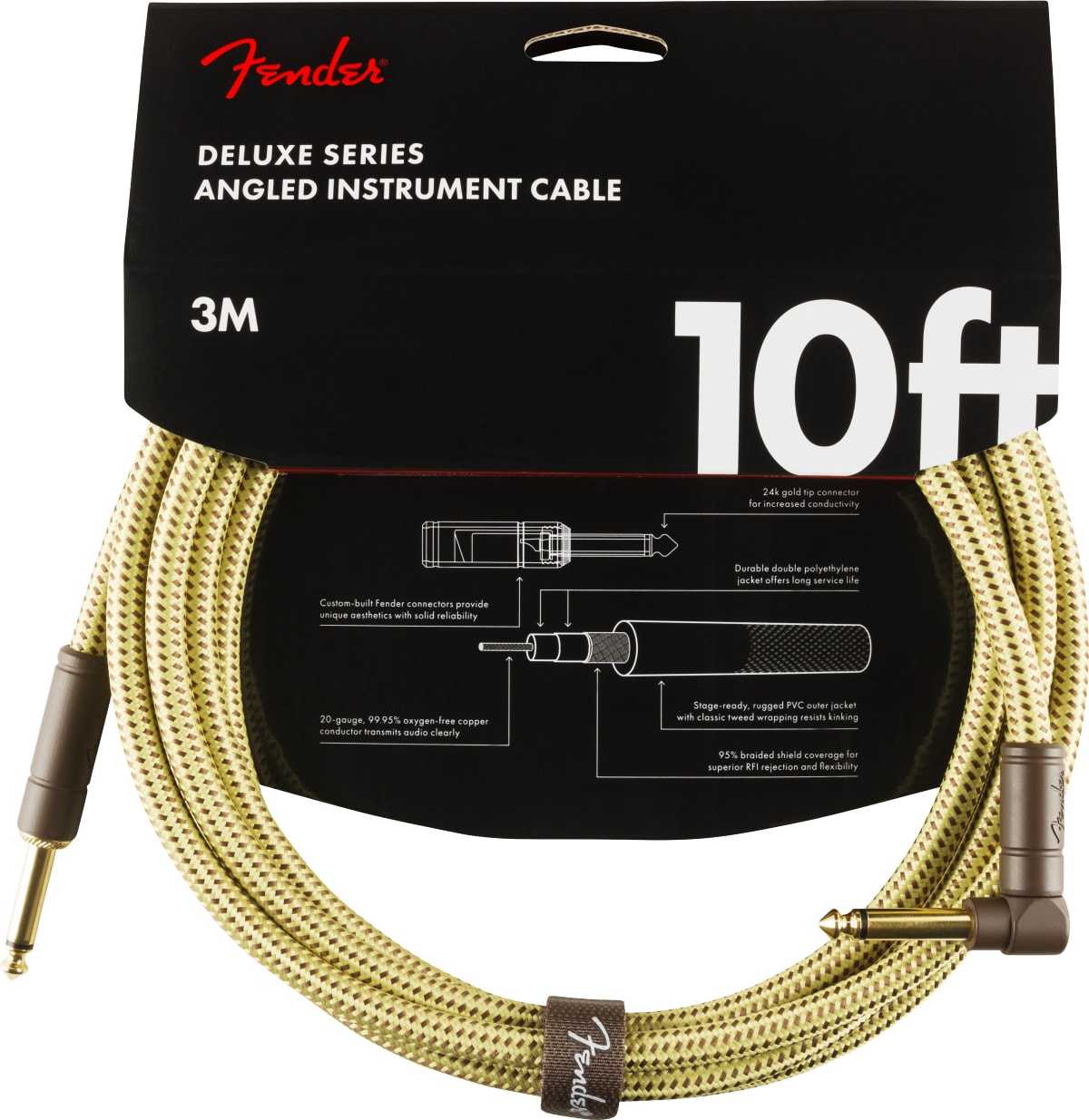 NEW ! Fender Deluxe Series Instrument Cable, Straight/Angle, 10', Tweed - Authorized Dealer - Lifetime Warranty