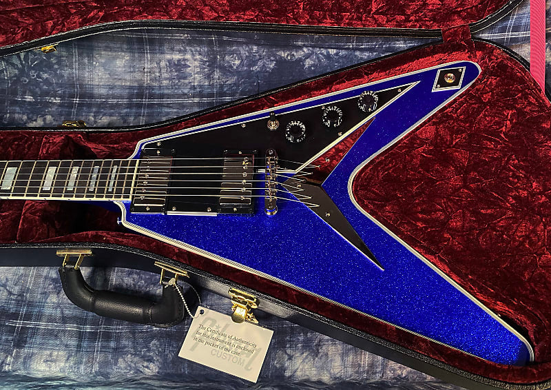 NEW! 2024 Gibson Custom Shop Flying V Custom Ebony Board - Dealer Select - Blue Sparkle - 7.5lbs! Chrome Hardware - Authorized Dealer - Limited Edition! G03877