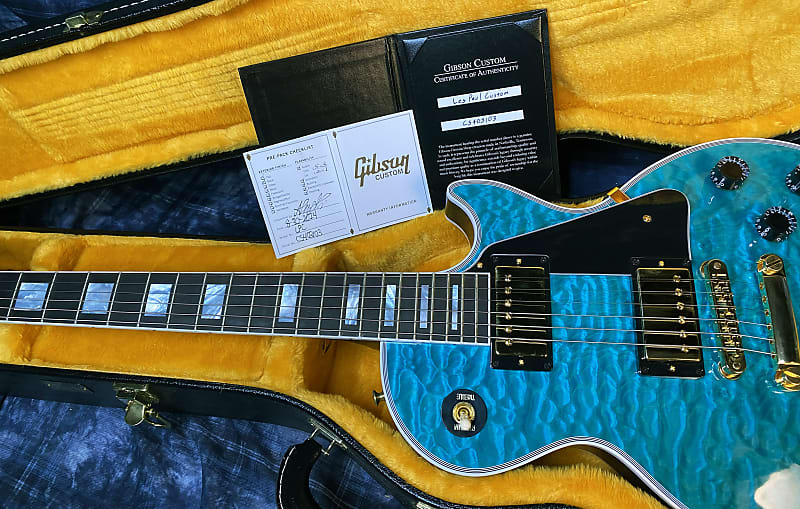 BRAND NEW! 2024 Gibson Dealer Select Custom Shop Les Paul Custom AAAAA Quilt - Aqua Blue - Authorized Dealer - WOW! Only 9.3 lbs - G03945