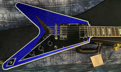 NEW! 2024 Gibson Custom Shop Flying V Custom Ebony Board - Dealer Select - Blue Sparkle - 7.8 lbs - Chrome Hardware - Authorized Dealer - Limited Edition! G03848