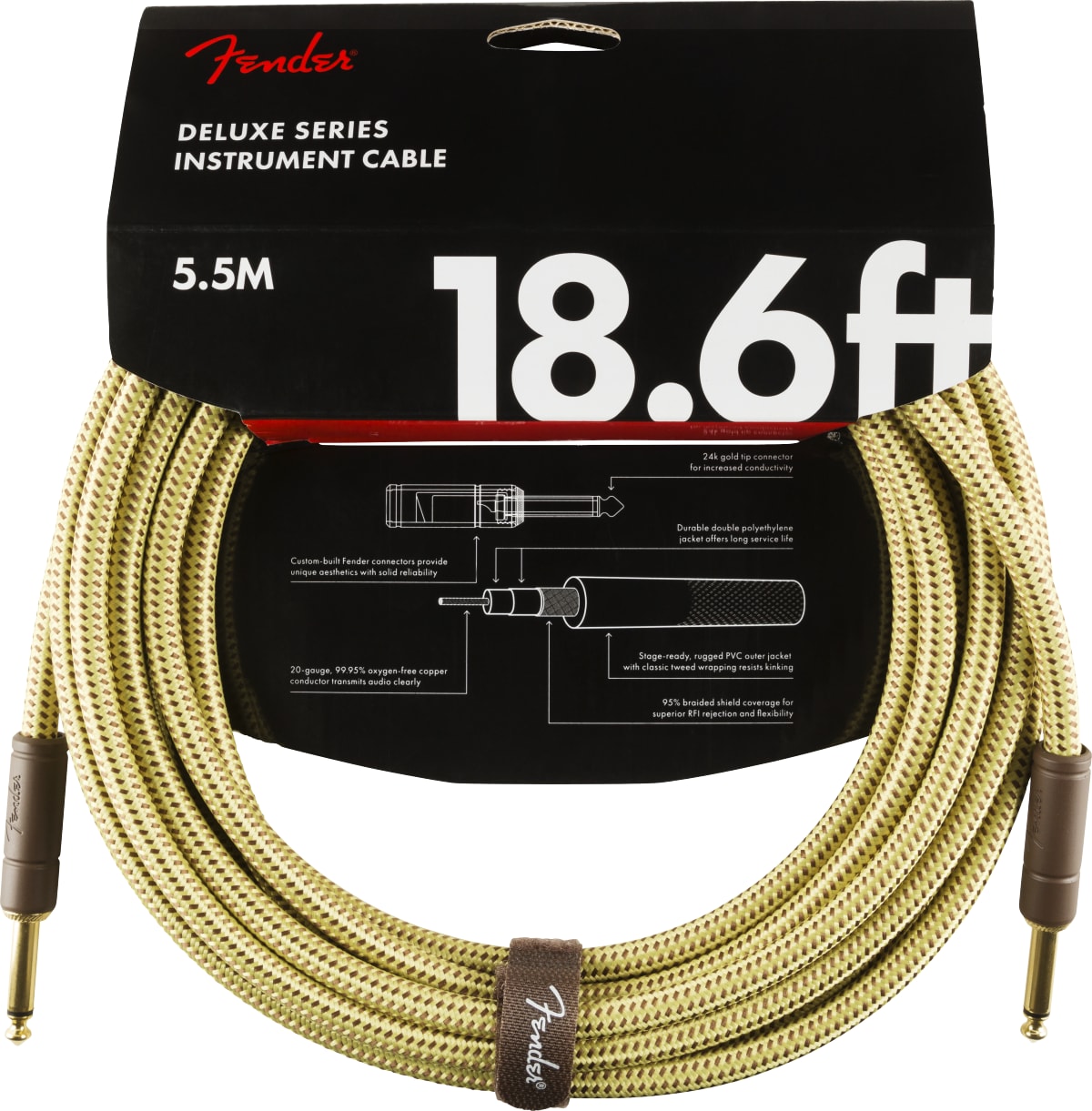 NEW ! Fender Deluxe Series Instrument Cable, Straight/Straight, 18.6', Tweed - Authorized Dealer - Lifetime Warranty