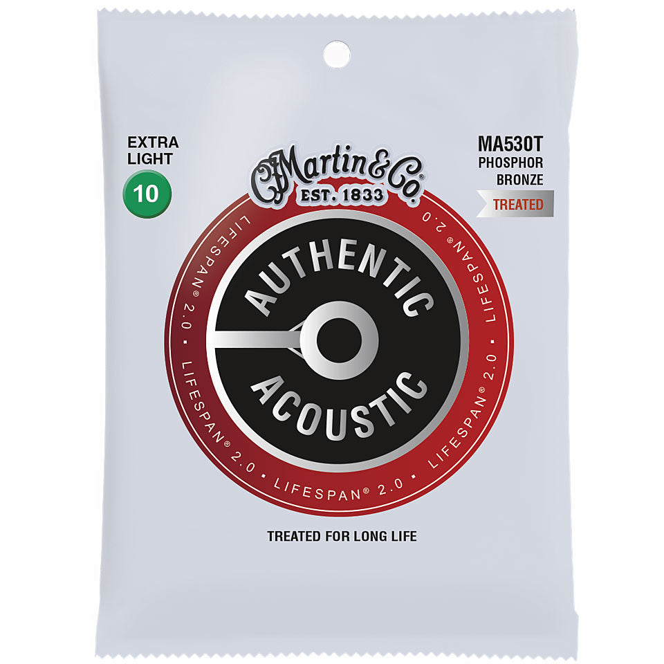 Martin MA530T Authentic Acoustic Lifespan 2.0 Phosphor Bronze Acoustic Guitar Strings - Extra Light (.10 - .47) - 3 PACK - Authorized Dealer