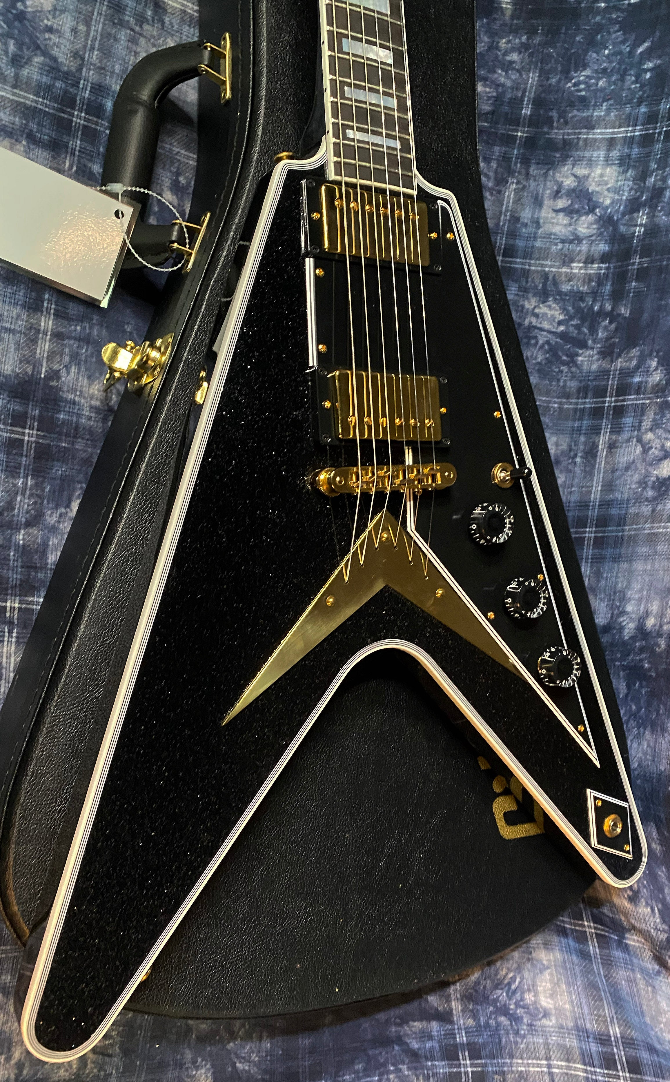 NEW! 2024 Gibson Custom Shop Flying V Custom - Ebony Sparkle - Ebony Board - Authorized Dealer - Ultra RARE! Dealer Select - Only 6.85 lbs - G04163