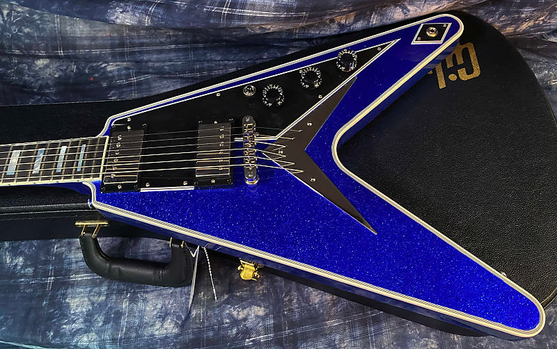 NEW! 2024 Gibson Custom Shop Flying V Custom Ebony Board - Dealer Select - Blue Sparkle - 8.1 lbs - Chrome Hardware - Authorized Dealer - Limited Edition! G03863