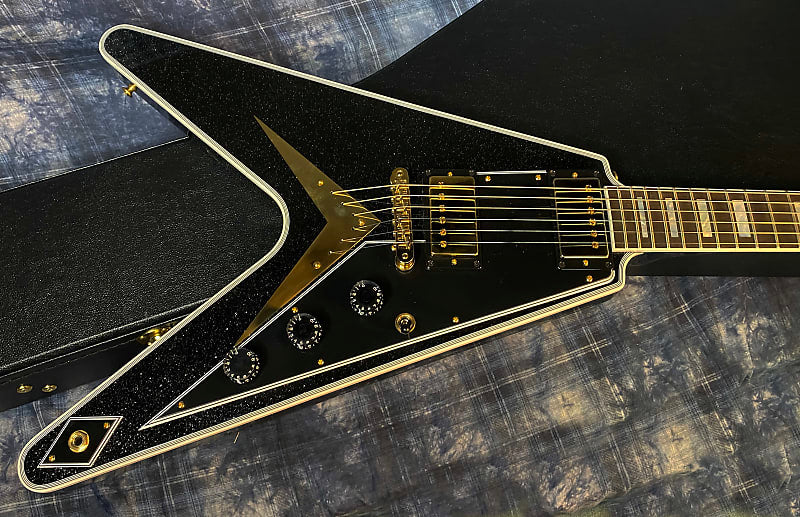 NEW! 2024 Gibson Custom Shop Flying V Custom - Ebony Sparkle - Ebony Board - Authorized Dealer - Ultra RARE! Dealer Select - Only 7.2 lbs - G04153