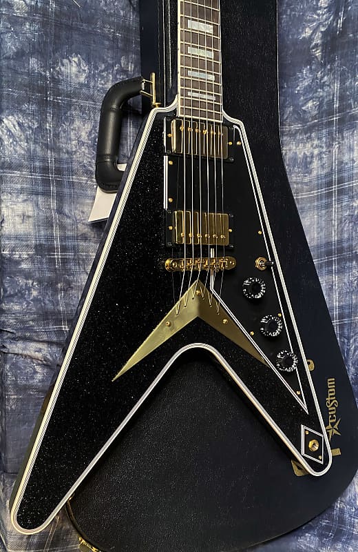 NEW! 2024 Gibson Custom Shop Flying V Custom - Ebony Sparkle - Ebony Board - Authorized Dealer - Ultra RARE! Dealer Select - Only 7.2 lbs - G04153